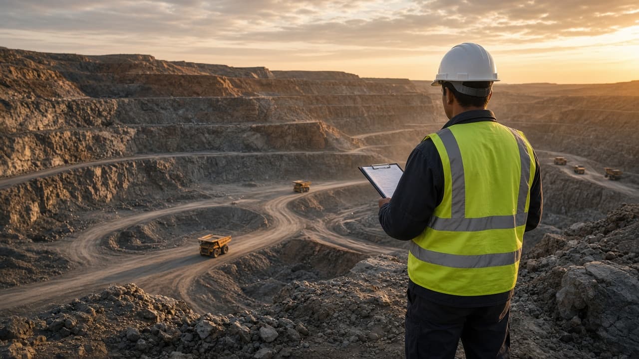 Safety professional with a clipboard overlooking an open-pit mine